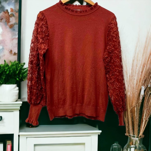 Sioni Milano Mock Neck Mesh Applique Sleeve Detail Sweater Size Large - Picture 1 of 12